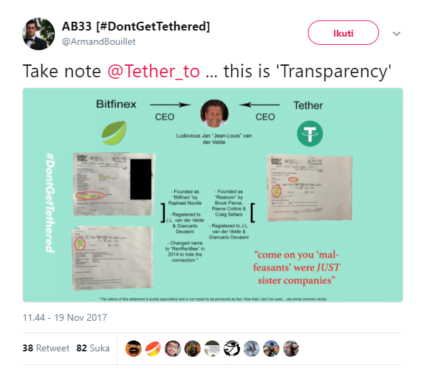 Postingan twitter tentang Skandal Tether dan Bitfinex