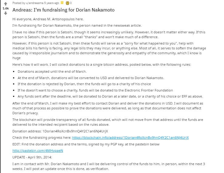 Posting penggalangan dana untuk Dorian Nakamoto